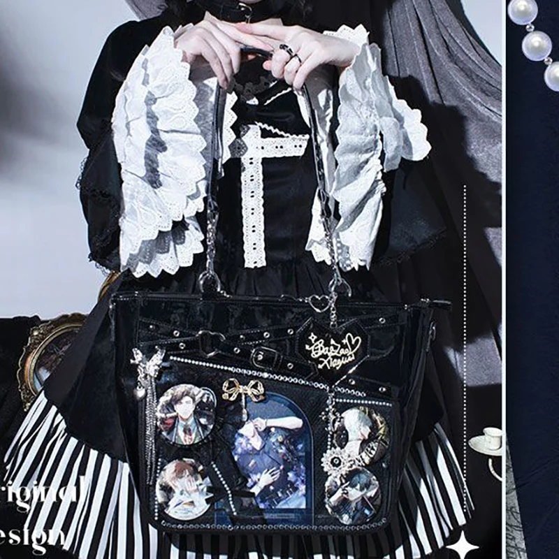 Richme Y2K Women Ita Bags Subculture Gothic Students DIY Badge Tote Bags Lacquer Leather Designer Crossbody Shoulder Bolso Mujer