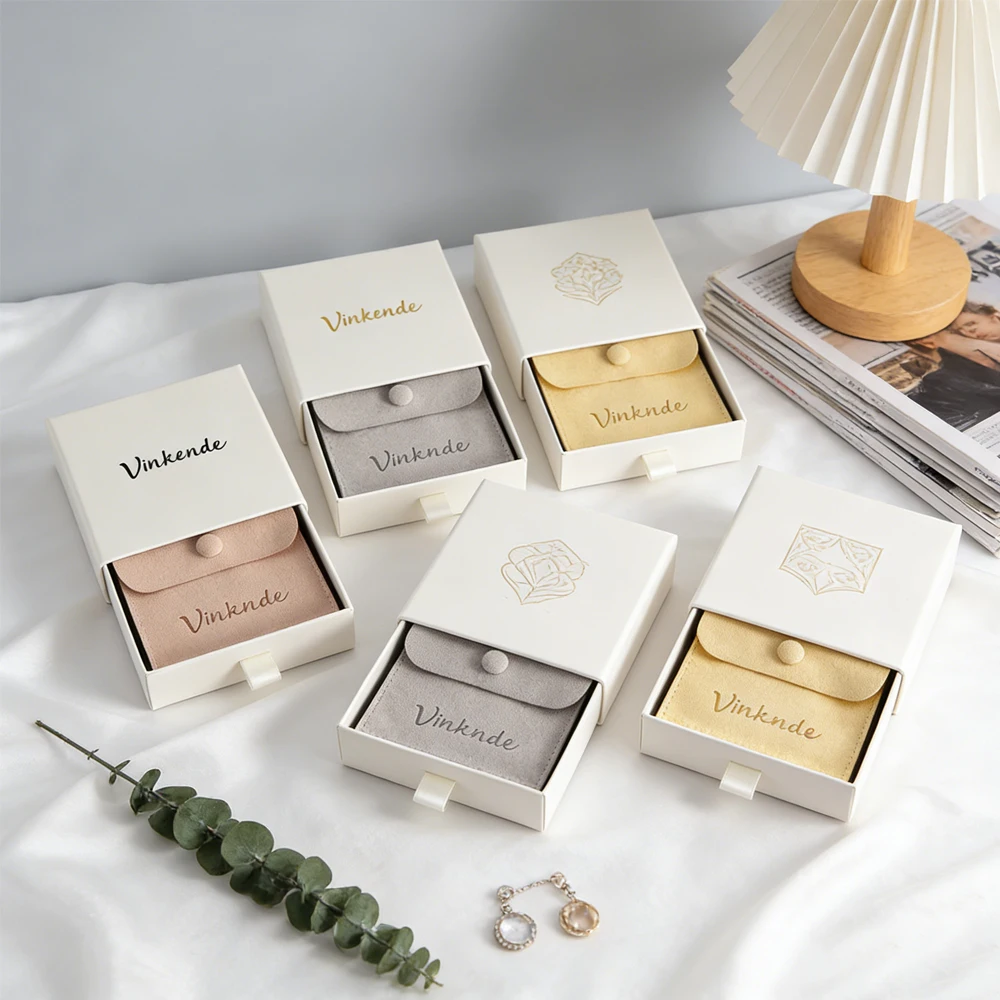 

24/50/100set Custom 8x8x2.5cm Beige Jewelry Packaging Box Personalized Drawer Boxes with Microfiber Snap Pouch Earrings Ring Bag