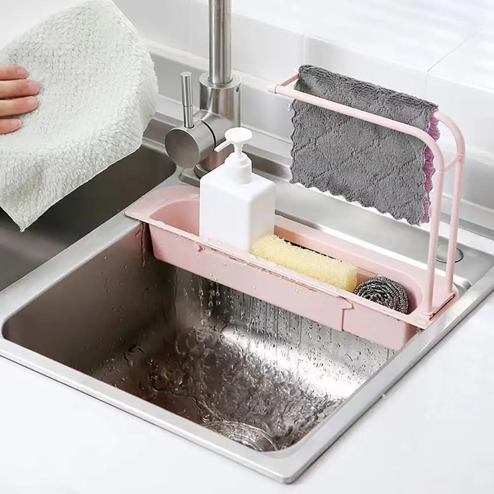 Hollow Drainage Holes Organizer Telescopic Sink Storage Shelf with Towel Rack for Kitchen Organization Drainage for Easy