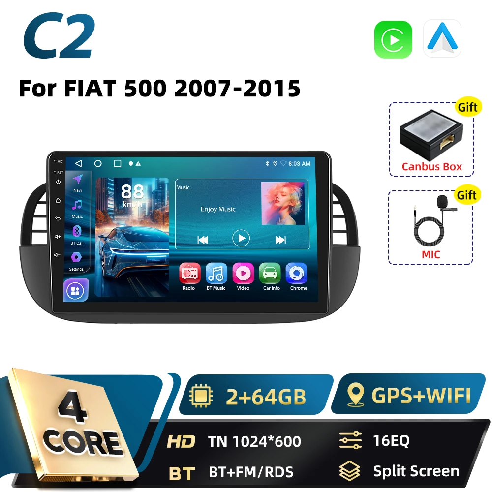 Podofo Qualcomm 8-Core Carplay 2DIN Android Auto Multimedia Speler Voor FIAT 500 2007 2008-2015 GPS Navigatie DSP WIFI FM RDS BT