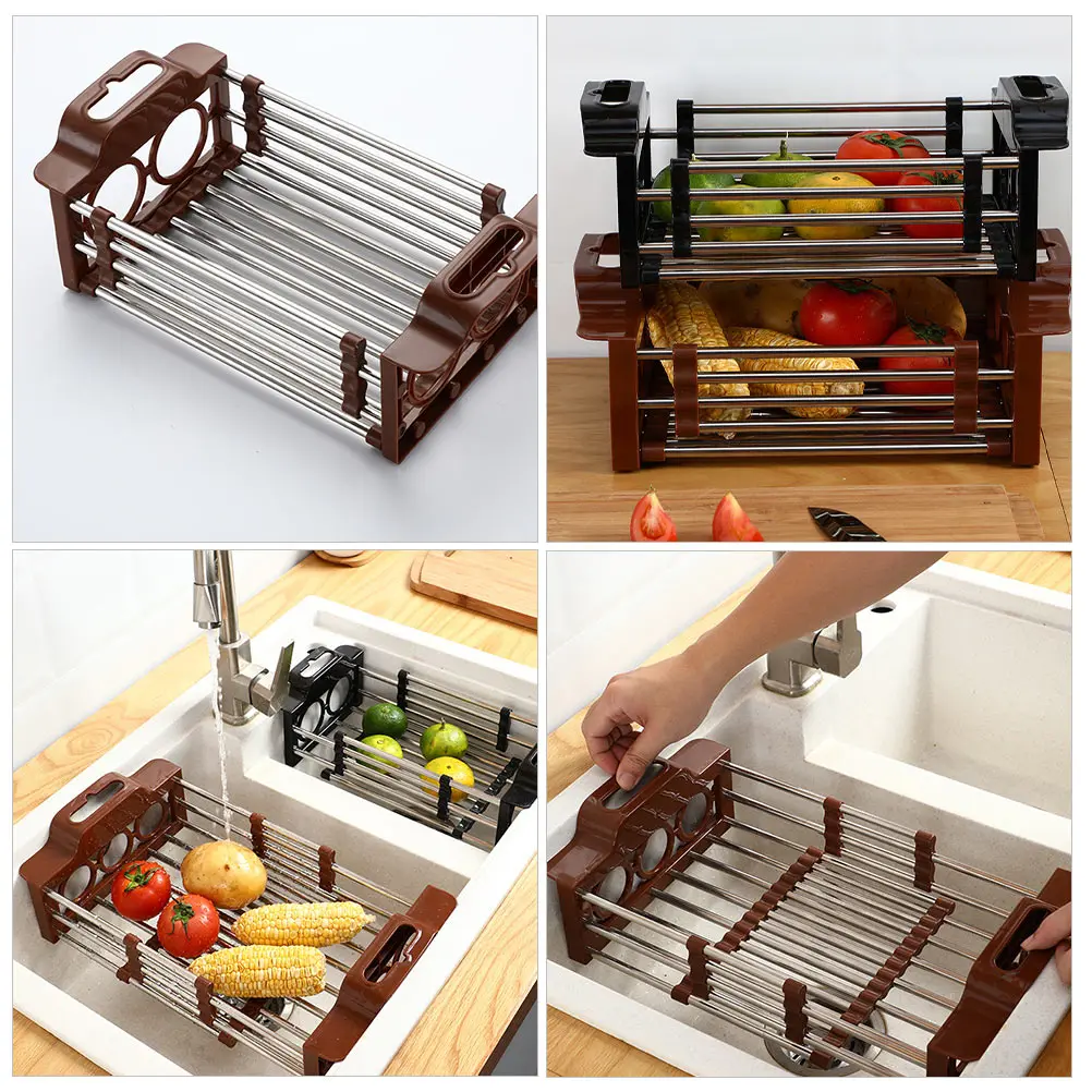 

Telescopic Drain Rack Sink Shelf Retractable Storage Kitchen Brown Multifunction Folding Water Oil Non Slip Handle