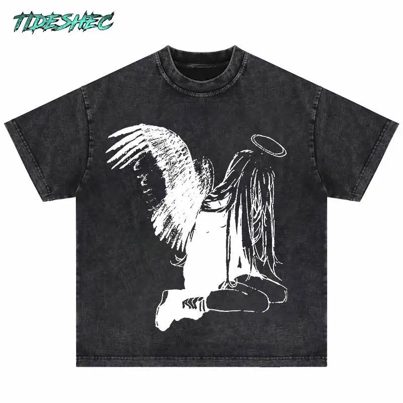 2024 Hip Hop T-Shirt Streetwear Y2K Sadness Painting Print Tshirt Summer Cotton T Shirt Punk Gothic Harajuku Casual Tops Tees