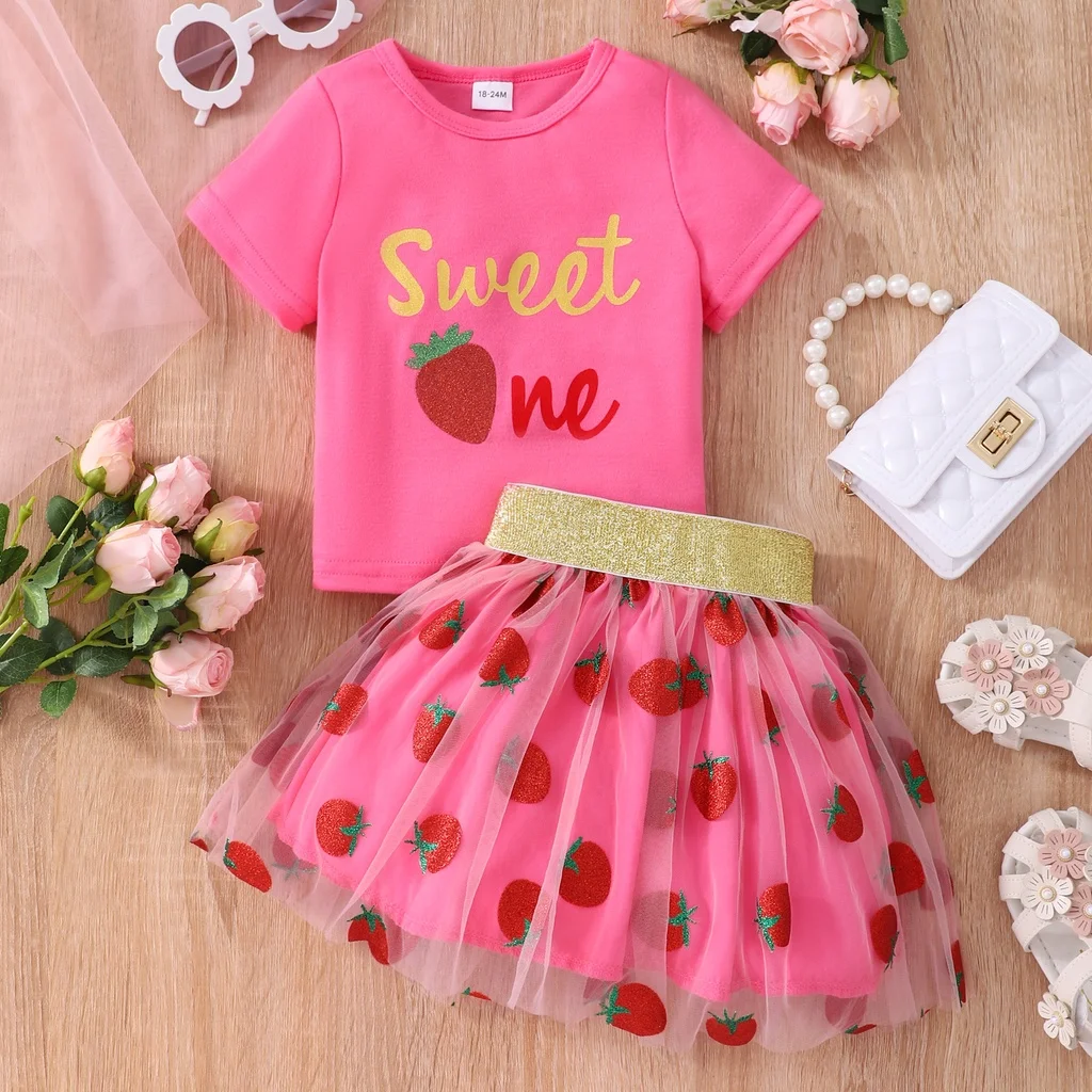 1-7 Years Children Girl Clothes Set Pink Strawberry Short Sleeves T-shirt + Tutu Skirt 2PCS Summer Kids Girl School Outfit