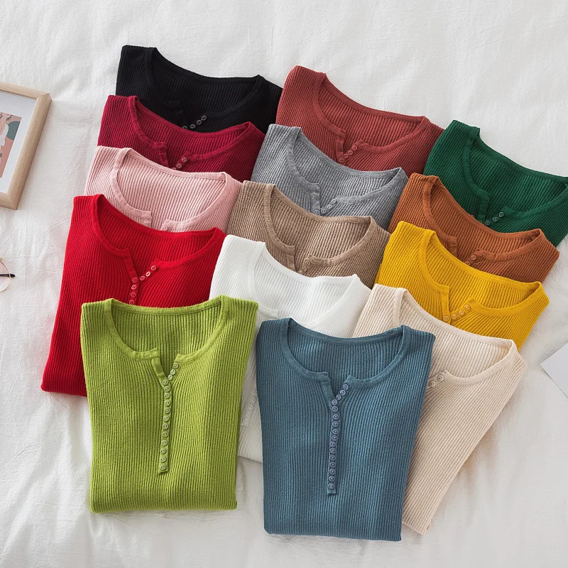 

2026 Female Casual Tops Pullovers Women Autumn Winter Knitted Slim Sweaters Solid Button Full Sleeve V Neck Sweater