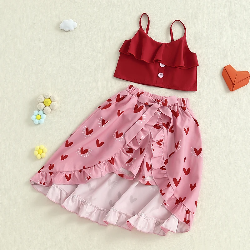 3-6Years Kids Girl 2 Piece Outfits Sleeveless Camisole and Heart Print High Low Ruffles Skort Set for Toddler 2PCS Sets​