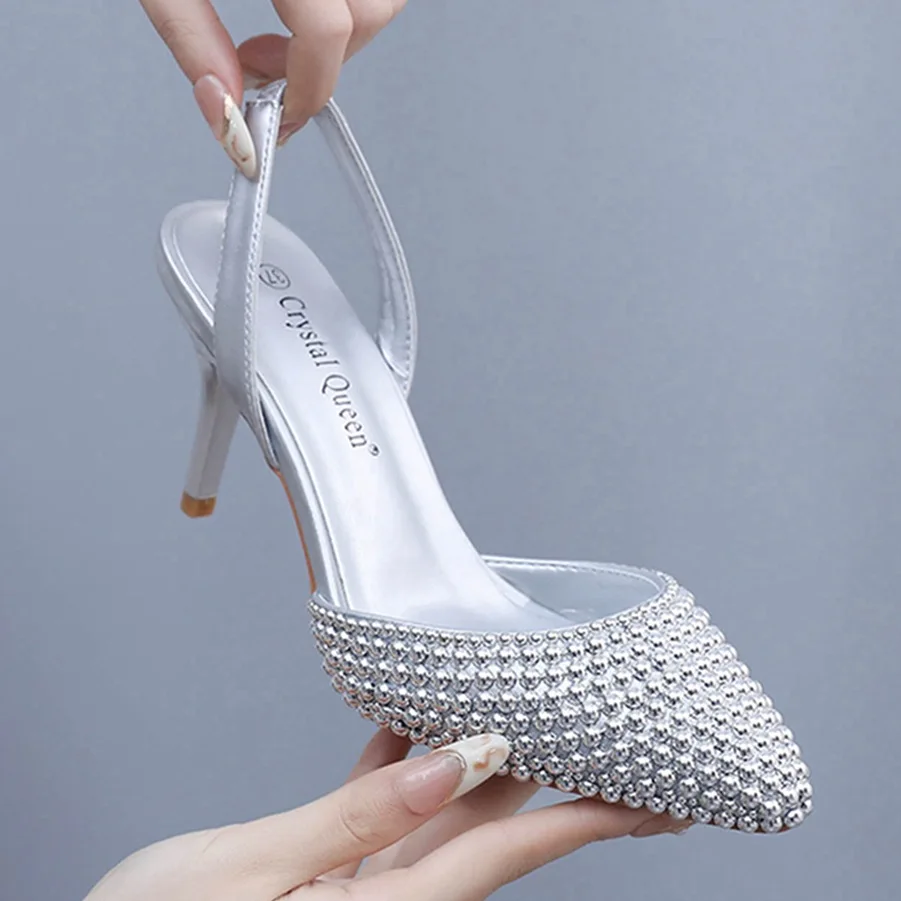 

7cm shallow pointed sandals, silver pearl thin heel sandals, oversized wedding shoes, bride's banquet pearl shoes