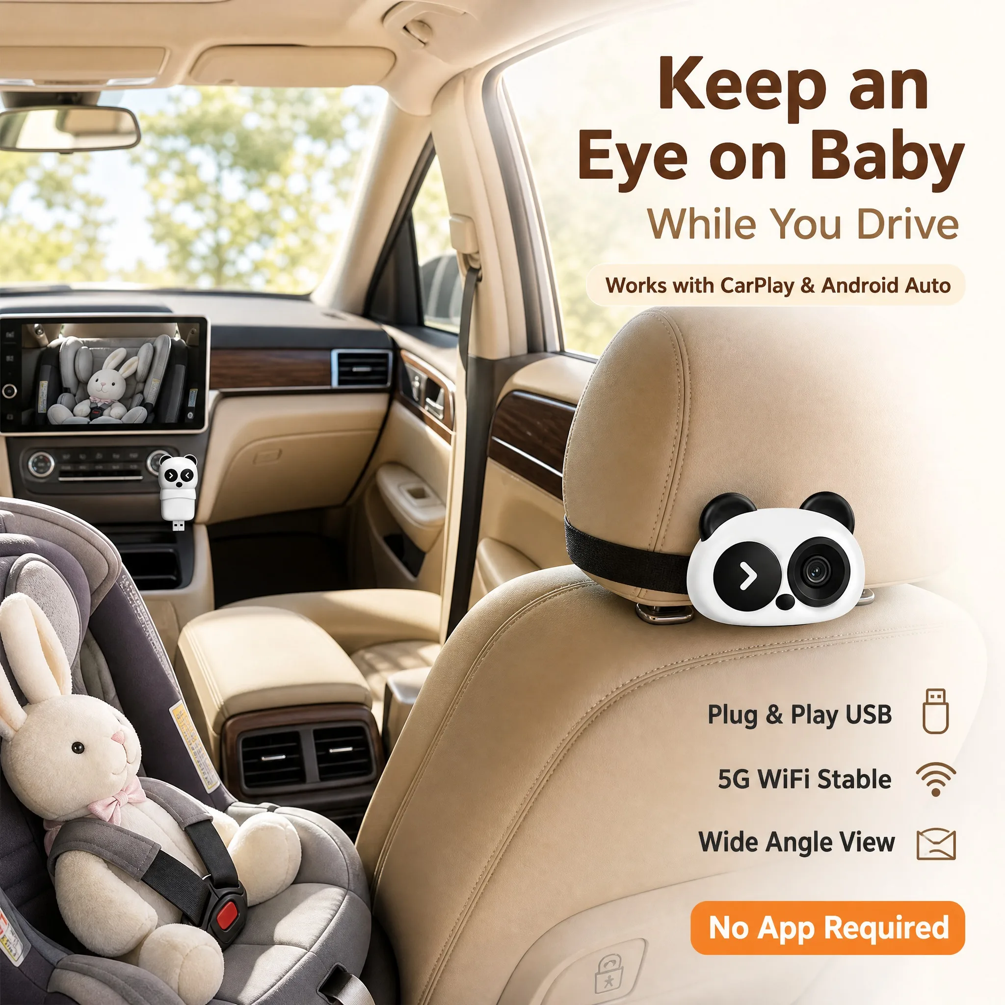 Wireless CarPlay Adapter with Rear Baby Camera 1080P HD Night Vision 120° Wide Angle Real-Time Display for Car