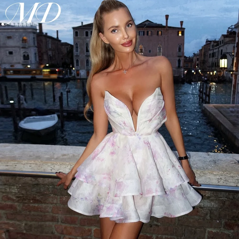 

MD Sexy 2025 Organza Purple Print A-line Mini Prom Gown New Tiered Pleat V-Neck robes de cocktail Birthday Dress Customized 2025