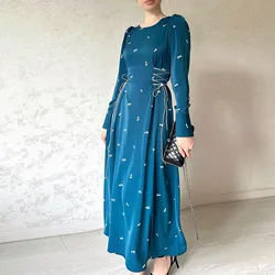 Printed Bandage Elegant Maxi Dress For Women Slim Patchwork Lace-Up Long Sleeve Fashion Dress Female Contrast Long Dress