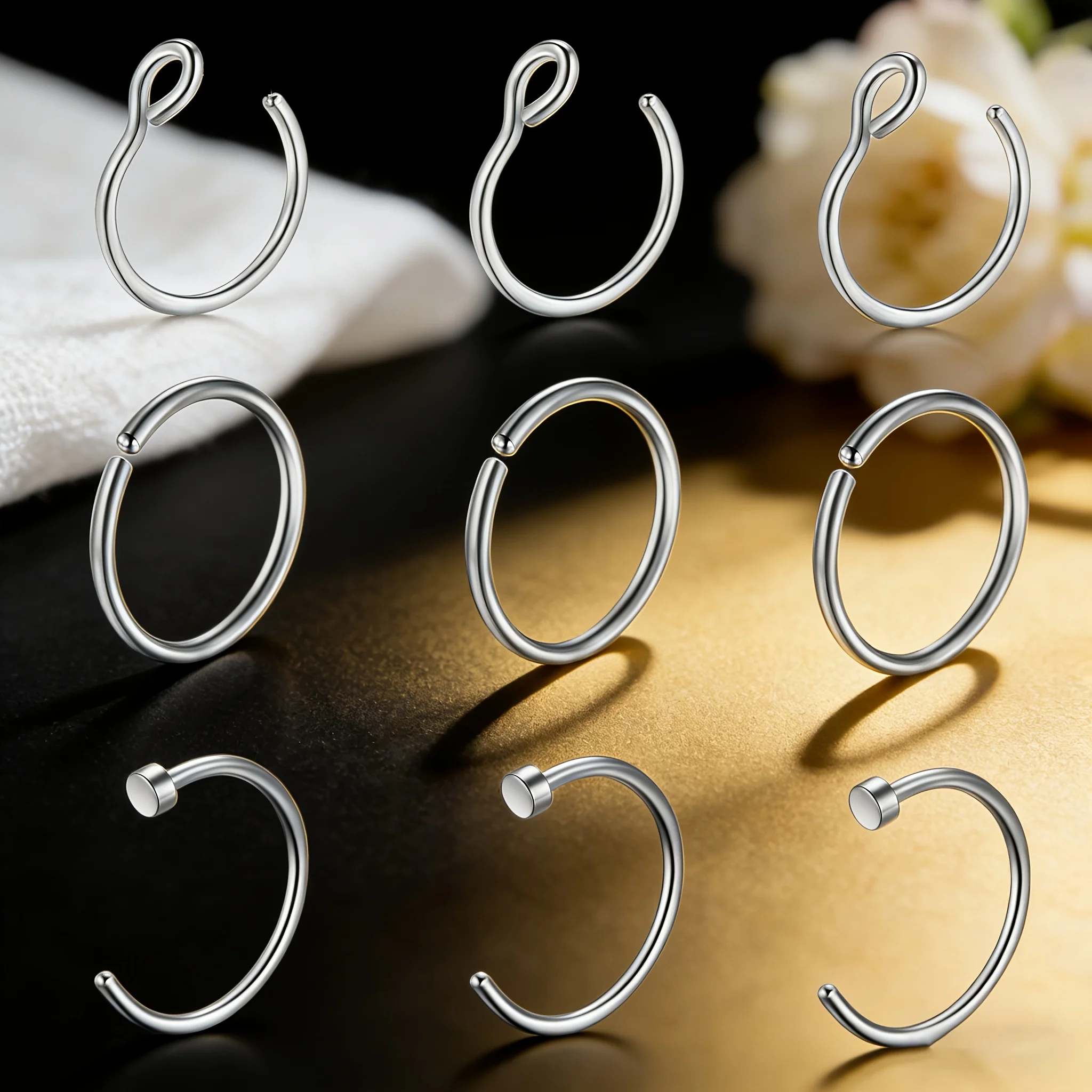 Juego de 9 Anillos de Nariz Falsos de Acero Inoxidable 316L, Sin Perforación, Fáciles de Usar, Aspecto de Piercing Facial Sin Dolor
