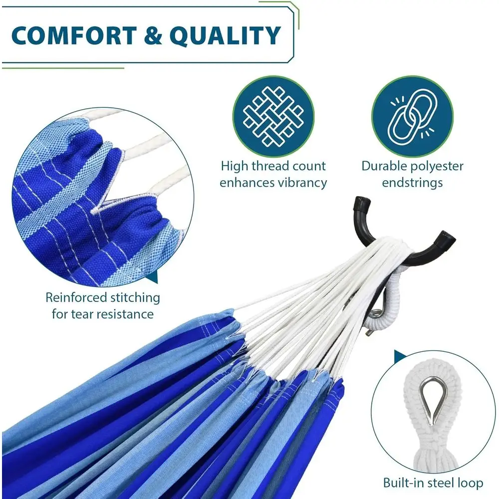 Double Cotton Hammock with Space Saving Steel Stand, Upgraded Polyester End Strings 450 lb Capacity - Premium Carry Bag Included