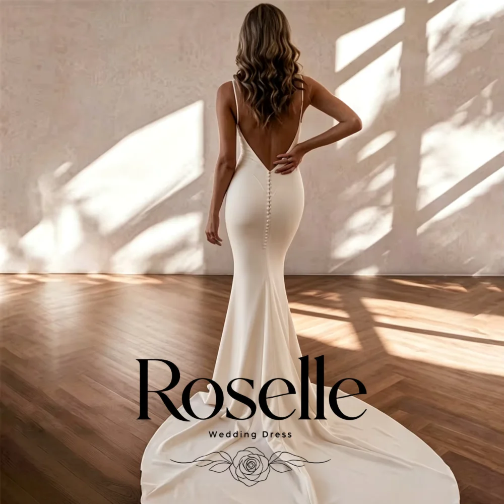 Spaghetti Straps Satin Mermaid Wedding Dress Deep V Neck Open Back Bridal Gown Pearl Veil Long Train Simple Civil Bride Dress