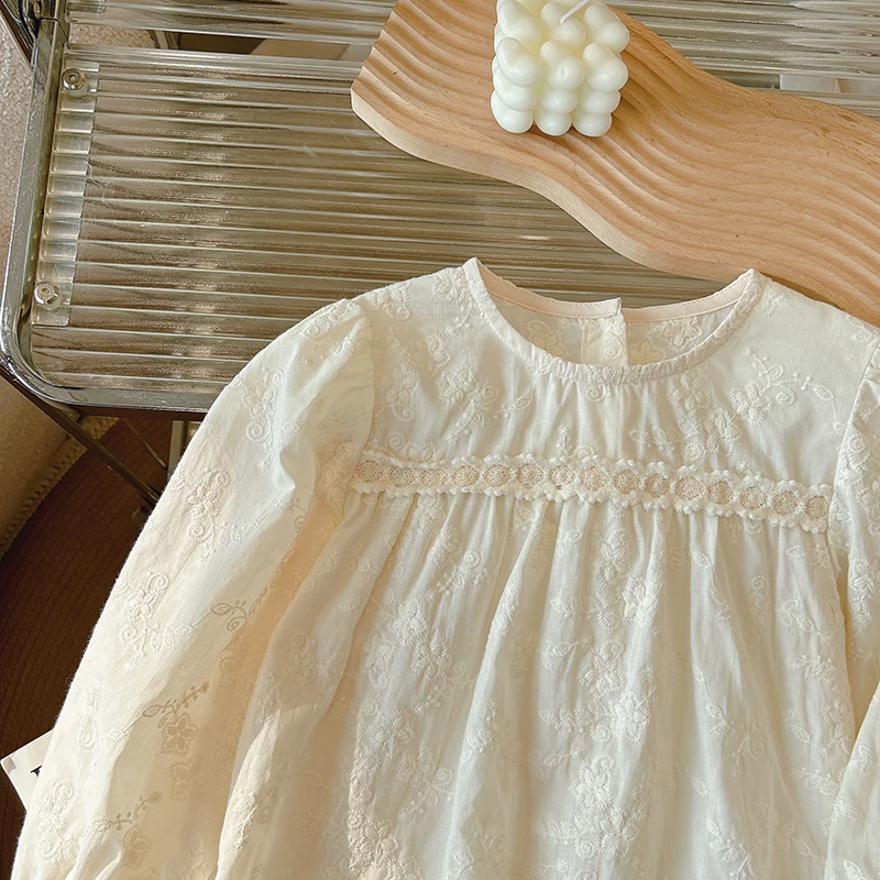 Girls Lace Embroidery Shirt Spring Beige Long Sleeved Round Neck Cotton Blouse Sweet Korean Style Casual Tops image 3
