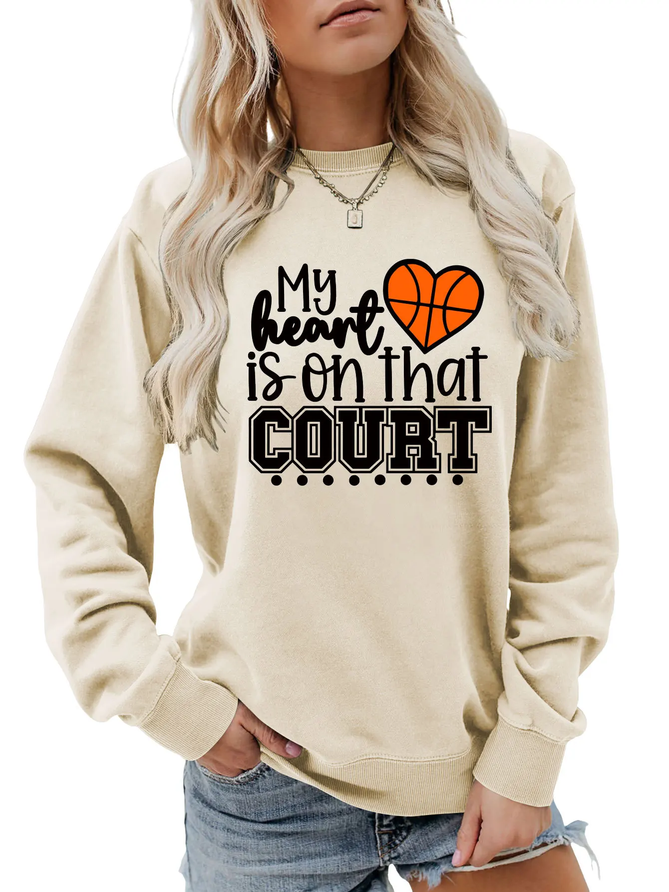 Autumn new women's crew-neck T-shirt hoodie my heart is on that court print loose casual long-sleeved top with all fashion pullo