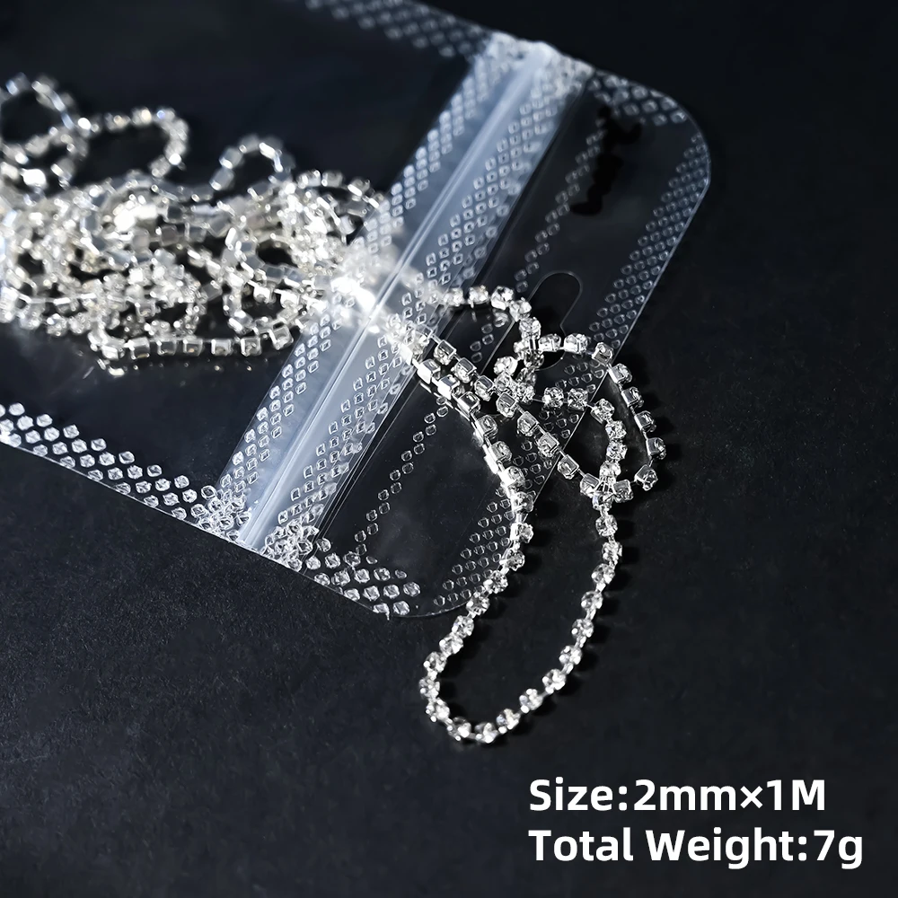 100Cm Zilver Kristal Diamant Kettingen Nagel Bedels Sprankelende Luxe Zirkoon 1.5/2Mm Ketting Nail Steentjes Trimbare Manicure Kettingen