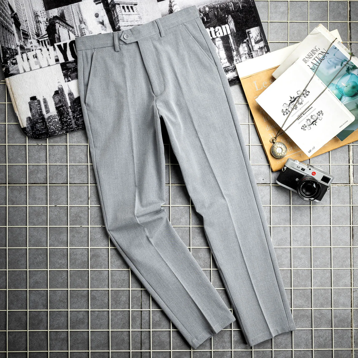 

Anti-Wrinkle Slim Fit ey Casual Pants Men's Busin Sle Slightly Elastic Polyester Fiber Nine Points Loose Fit Trousers