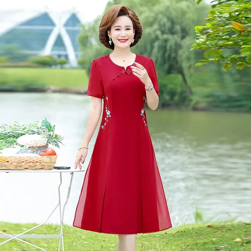 

Mom Dress Summer New High-End Improved Cheongsam Fashion Loose Chiffon Embroidered Cover Belly Mid-Length Skirt Trend M353