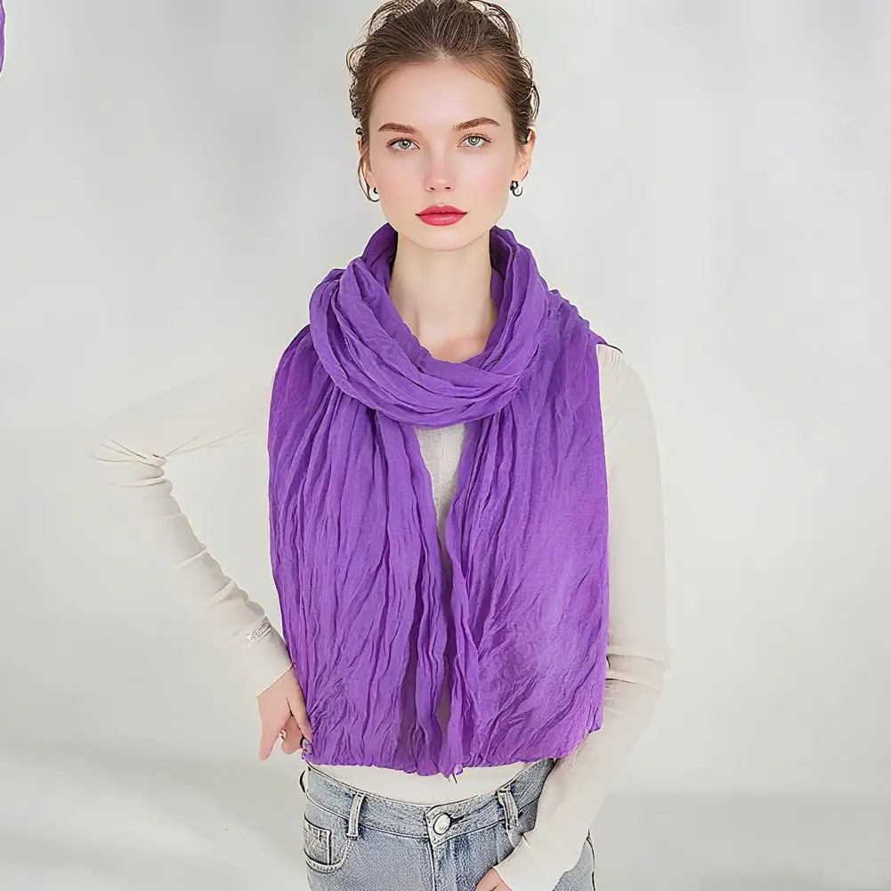 

Bright Colored Scarf Stylish Women's Cotton Linen Pleated Scarf with Uv Protection Soft Warm Solid Color Shawl for Casual