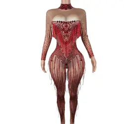 Red Tassel Spandex Bodysuit Rhinestone Plus Size Sexy Long Sleeve Jumpsuit Tassels Performance Wear Party Prom Bodycon Leotards