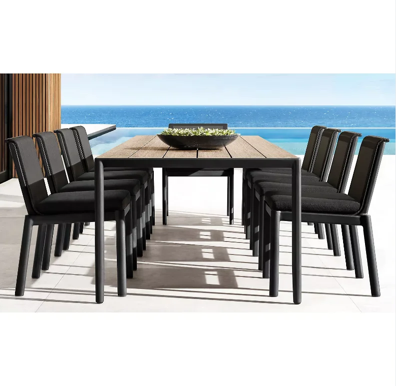 #Green Comfortable Outdoor Dining Room Aluminum Wood Teak Top Table And Chair Set