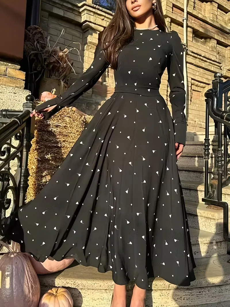 Sukienka damska, nowa jesienna kolekcja, modna, z nadrukiem, długi rękaw, wysoki stan, wiązana, stylowe sukienki damskie