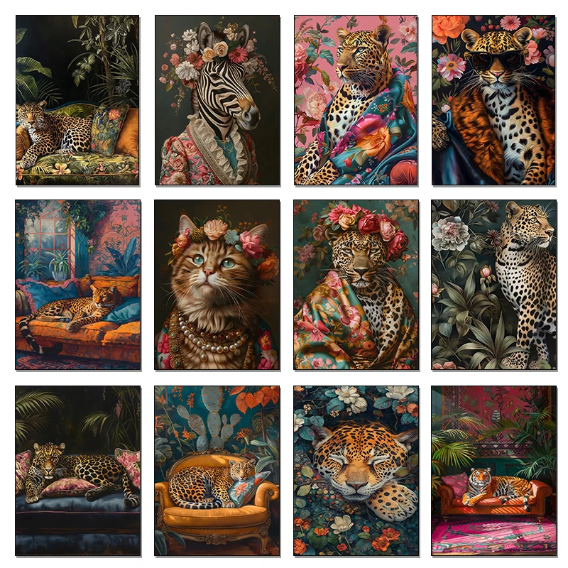 

Colourful Black Panther Fashionista Cat Rabbit Animal Portrait Poster Print Wall Art Pictures Diamond Painting Room Home Decor