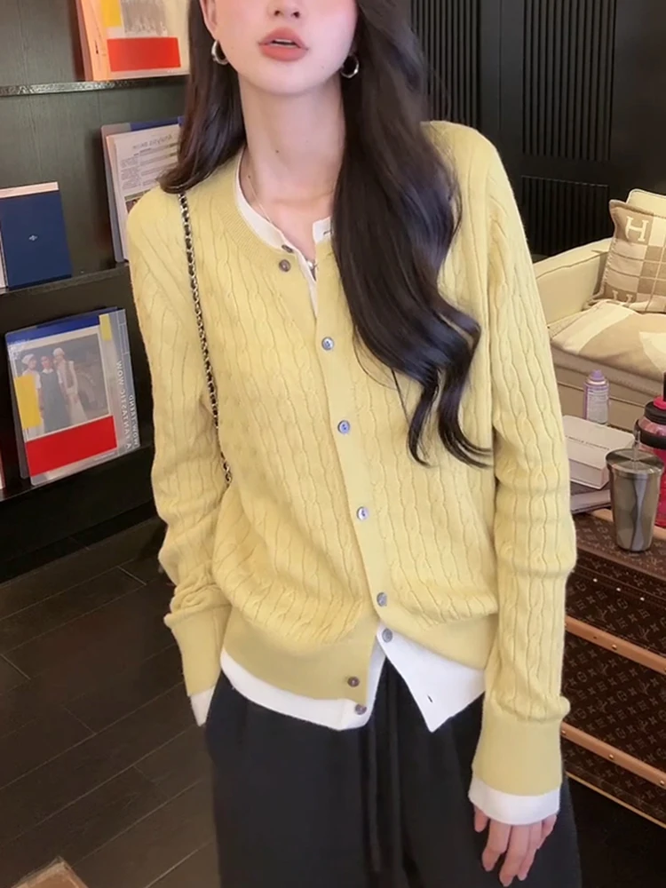 

Loose Yellow Knitted Cardigan Women's plus Size Korean Sle Sweet Fake Two-Piece Autumn New Design Sensation Sweater Coat