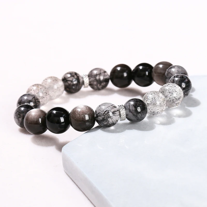 JD Quality Natural Silver Color Obsidian Black Rutilated Quartz Stainless Steel Bracelet Women Men Healing Crystal Elastic Gift