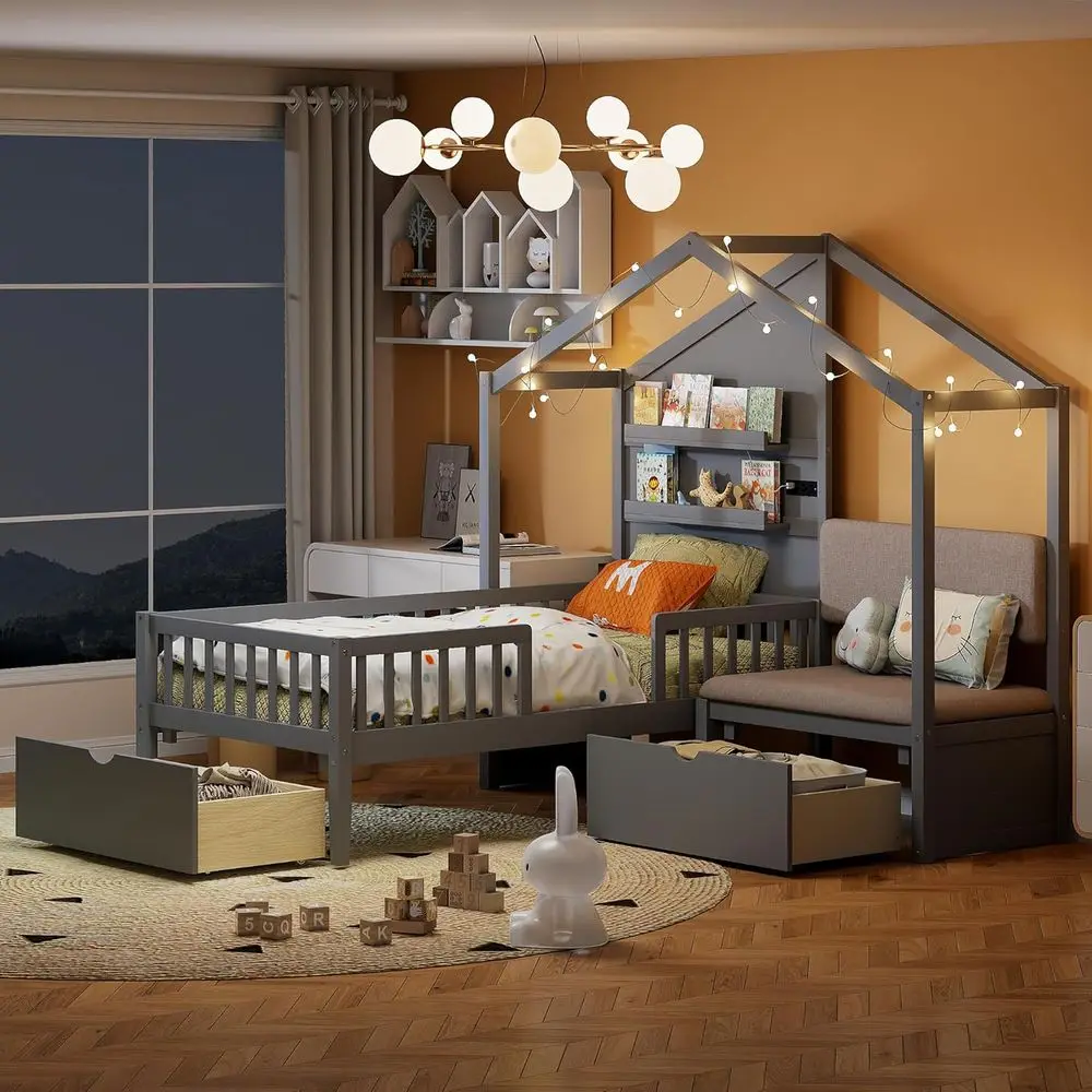 

Upholstered Twin Bed with L-Shaped Storage, 2 Drawers, Charging Station, and Wireless Charging Shelf for Kids in Grey