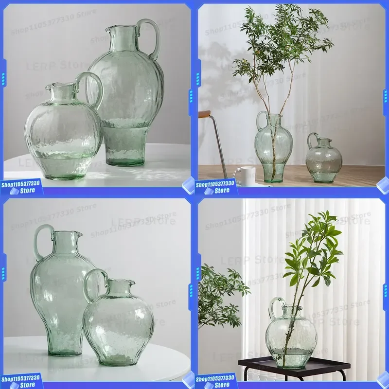 Large Belly Glass Vase Retro Light Luxury Home Decor Floor Standing Flower Arrangement for Living Room Wooden Base Ornament
