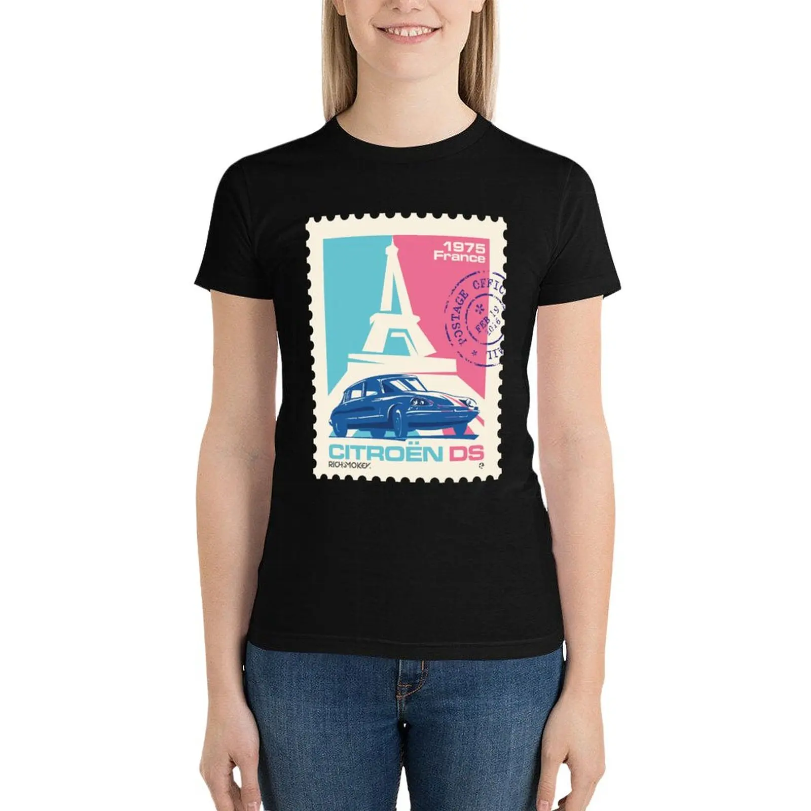 French retro car Citro?n DS & Eiffel tower postage stamp T-Shirt kawaii clothes cute tops womans clothing