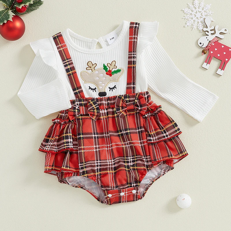 Baby Girls Christmas Romper Dress Reindeer Embroidered Plaid Ruffled Trim Ribbed Long Sleeve Jumpsuits