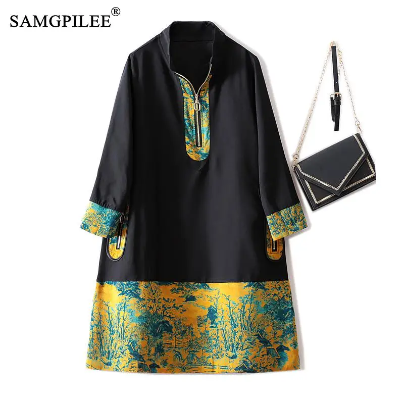 

SAMGPILEE Dresses For Women 2022 New Retro Stand Collar Ink Flower Loose Drape Wide-sleeve Mid-length Women's Dress 4XL