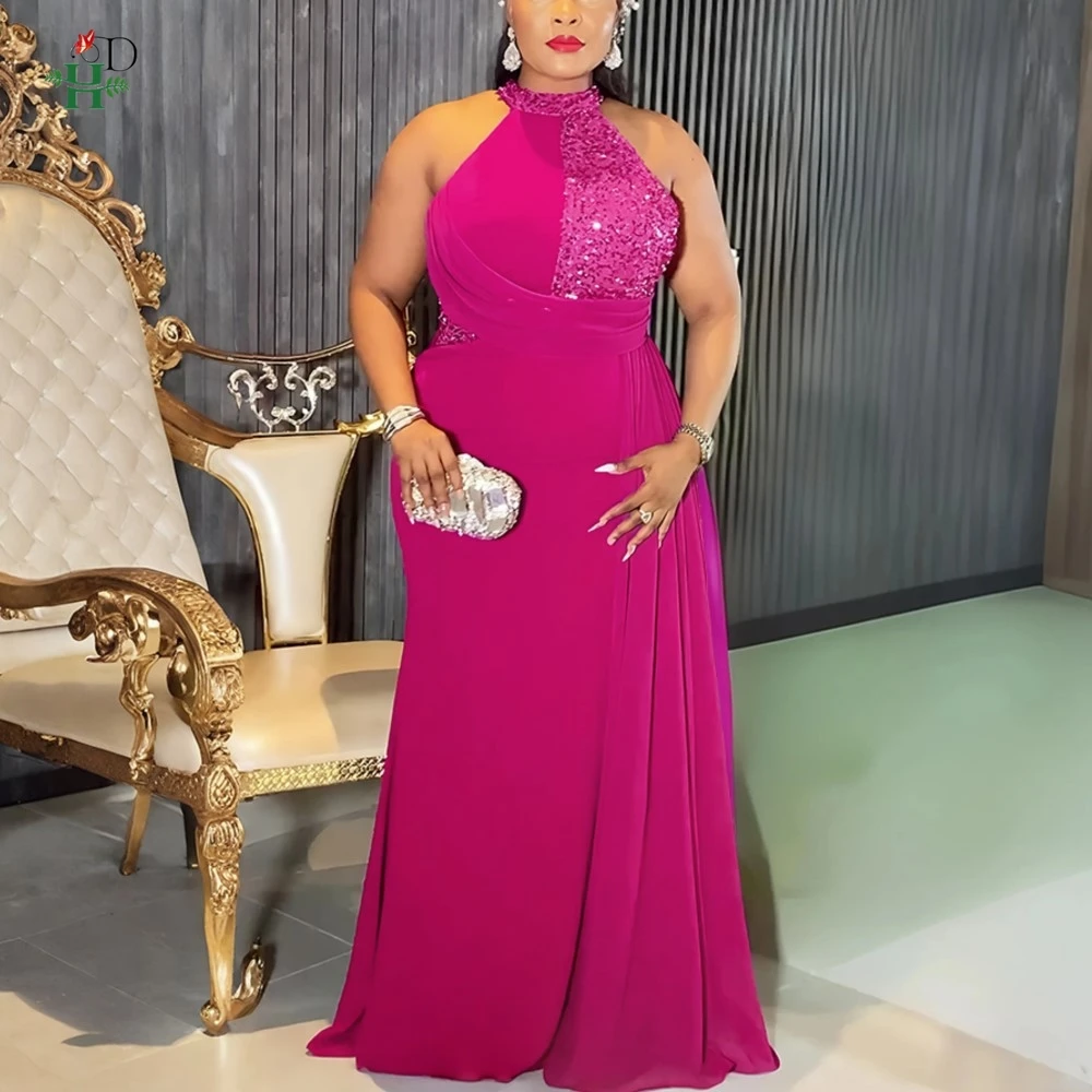

African Women Plus Size Maxi Dress Halter Neck with Sequin Gown Draped Waist For Weddings Galas and Special Occasions New