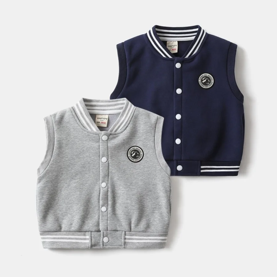 New 2026 Kids Baseball Collar Jacket Vest Autumn Winter Boys Patch Badge Sleeveless Snap Button Casual Vest Children's Outerwear