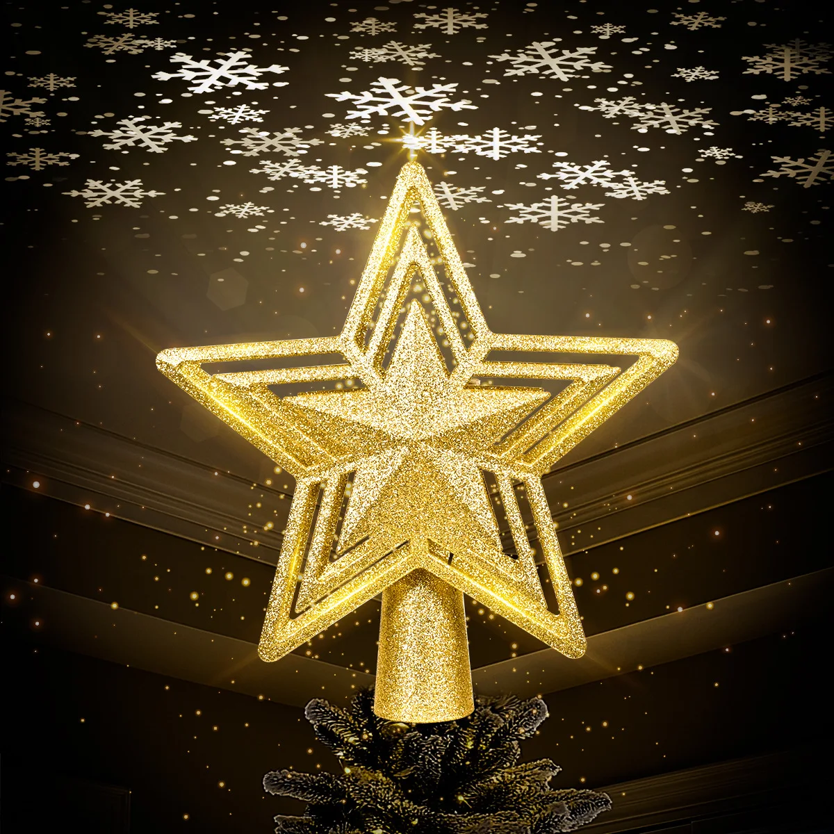 Christmas tree, tree top star projection 3D pentagram LED projection light Christmas decoration