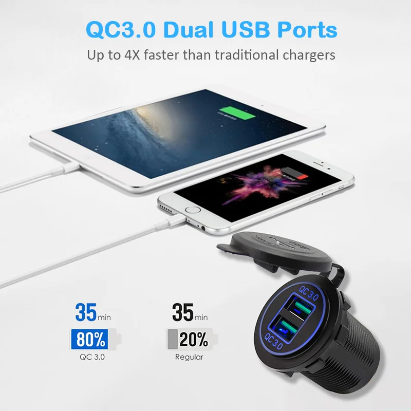 36W QC3.0 USB Socket Panel Waterproof Quick Charge Dual USB Socket Cigarette Lighter Adapter for Car Boat RV Motorcycle