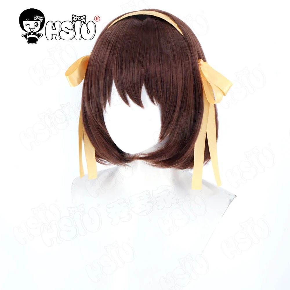 涼宮ハルヒコスプレウィッグ HSIU 35 センチメートルダークブラウンショートヘア髪耐熱ウィッグ + ウィッグキャップアニメ涼宮ハルヒコスプレウィッグ