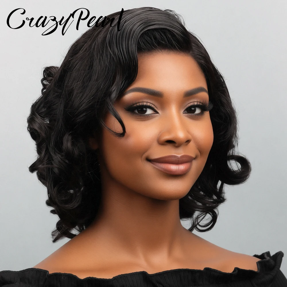 

CrazyPearl Finger Wave Bob Lace Front Wig Human Hair Rose Short Vintage S-Curve Wavy Black HD Transparent Lace Wigs for Womem