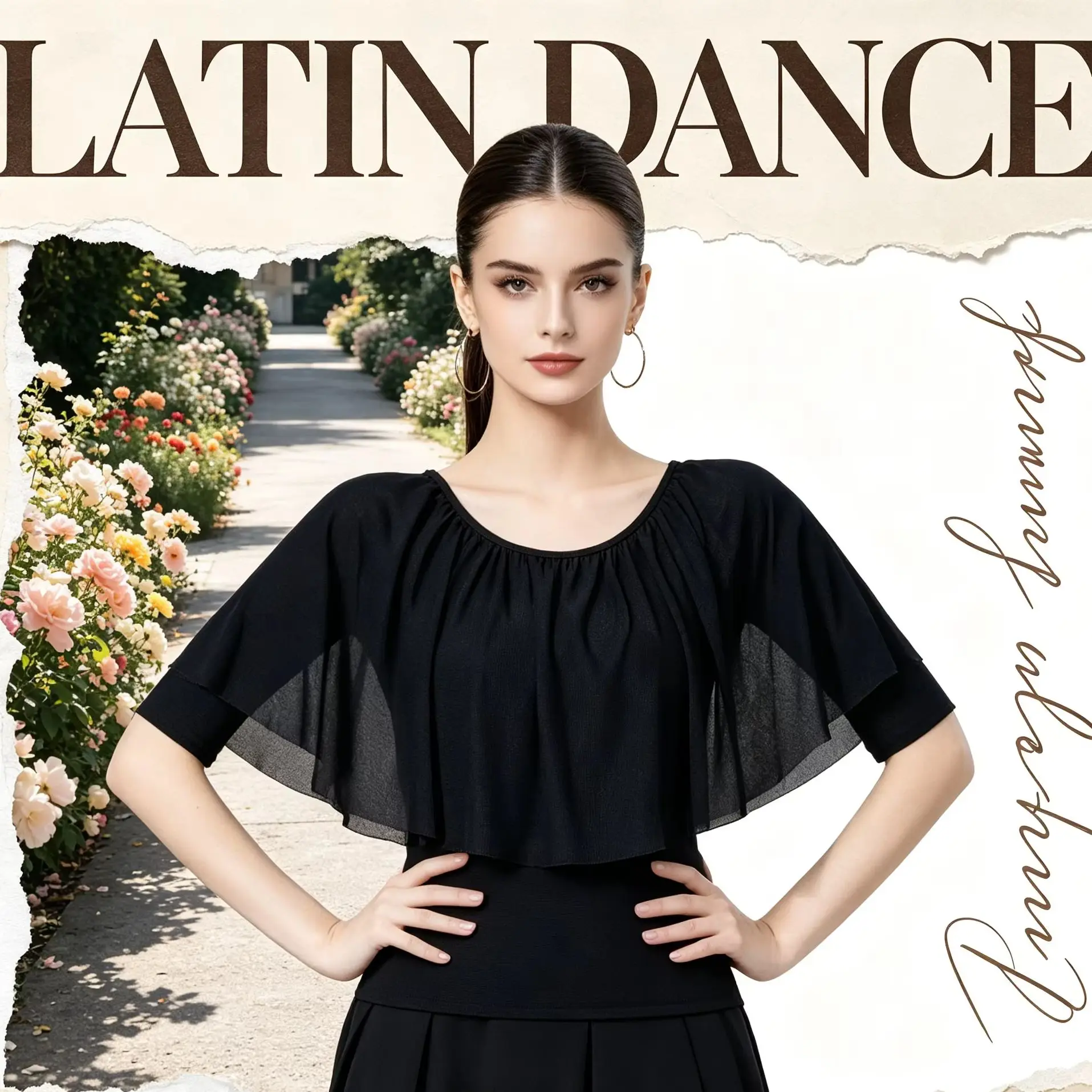 

Women Samba Latin Dance Tops Ruffle Ballroom Rhinestone Studded Modern Dance Party Dresses Training Performance Sexy Dance Wear