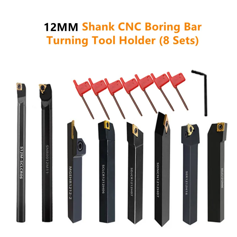 8Sets of 12MM CNC Lathe Turning Tool Holder Boring Bar with Applicable Inserts and Wrenches Set for Turning Threading