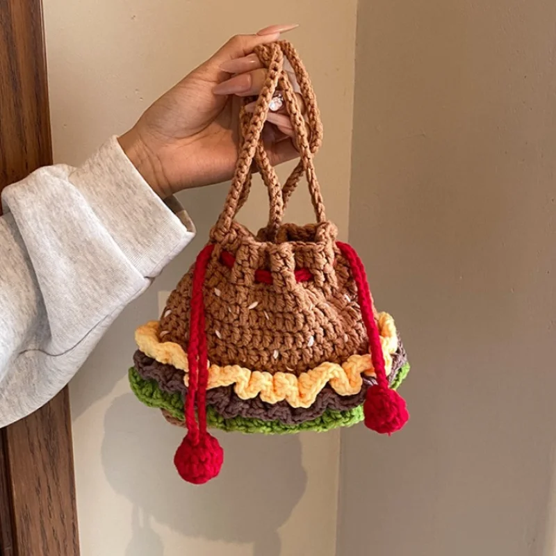 Shoulder Small Crossbody Bag Cute Shoulder Bag Crossbody Handmade Crochet Burger Fries Wool Bag Cute Crochet Bag with Pendant