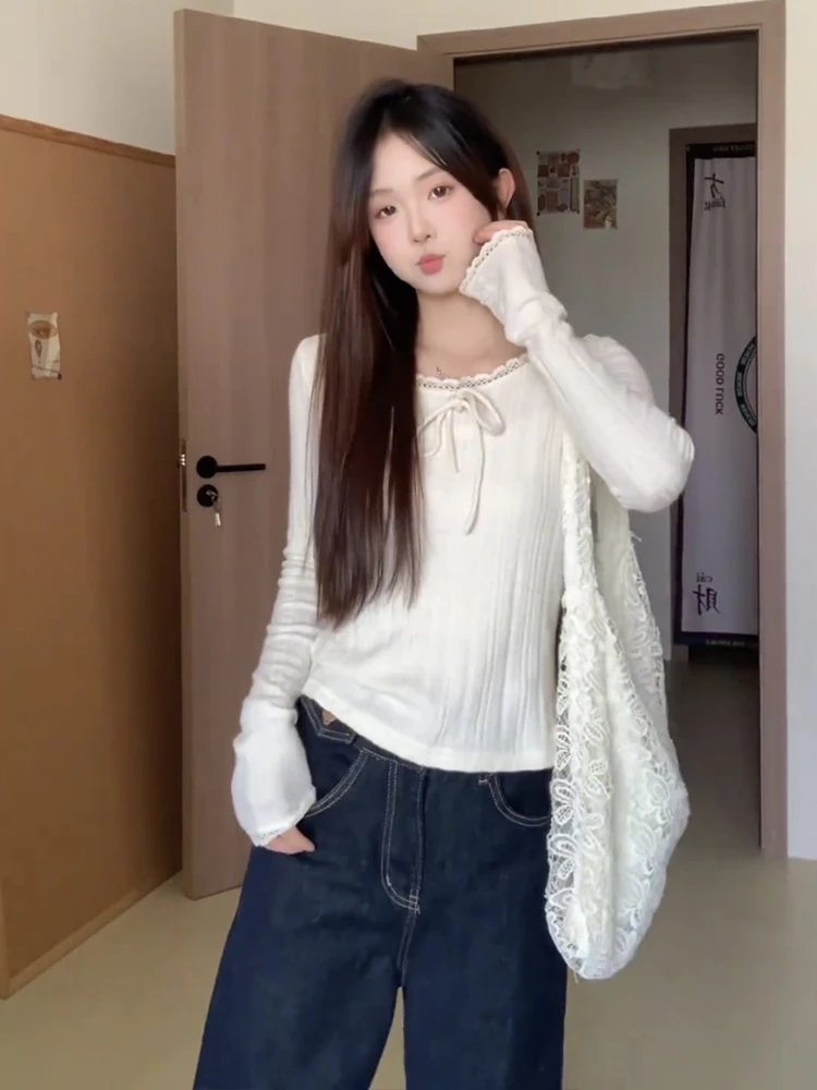 Pure Desire Lace Splice Long Sve T-irt Women's Base irt Slim Fit Sexy Girl High Sense Inner Wear Top  Knot