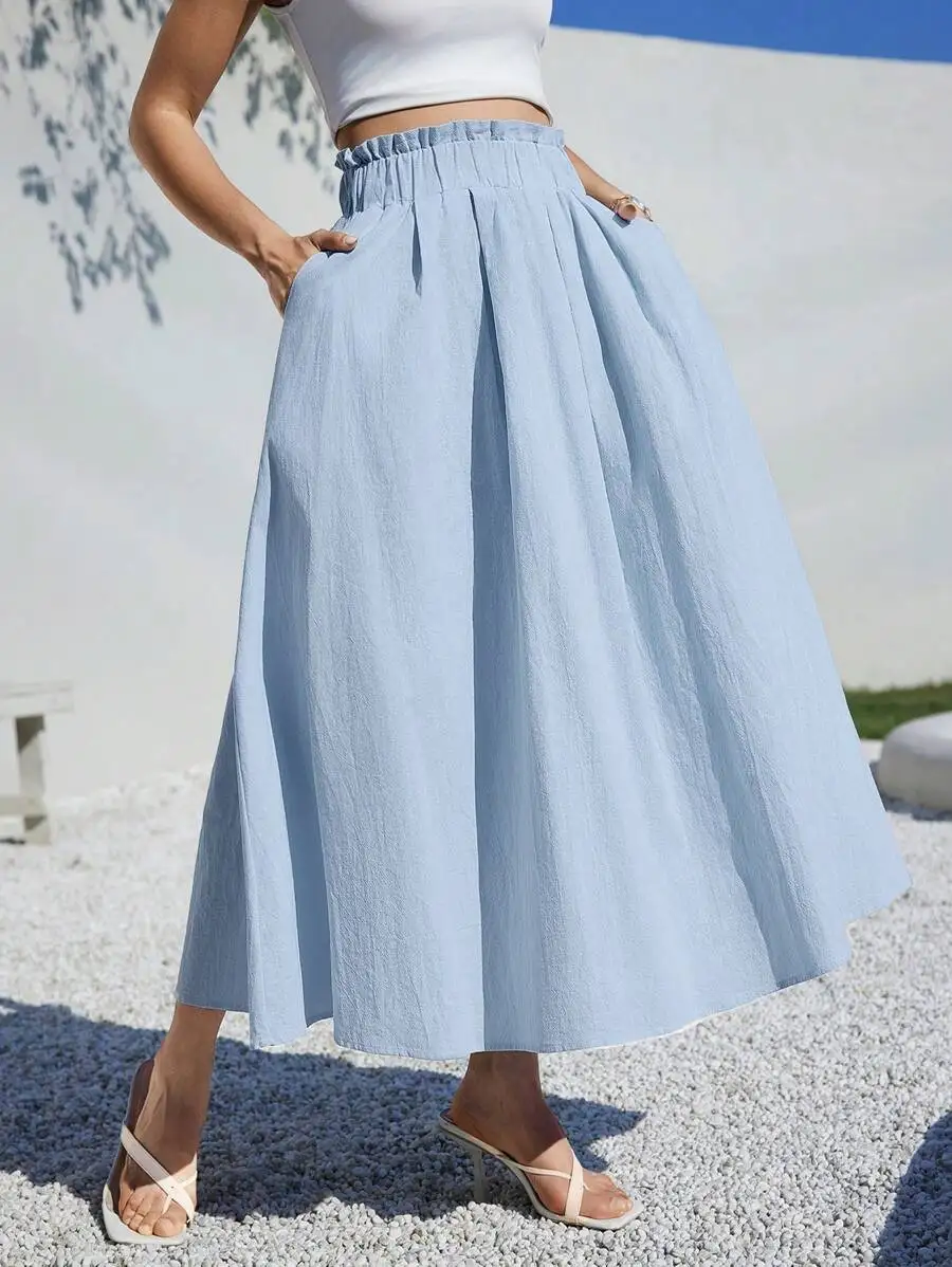 

Light Blue High Waist A-Line Linen Midi Skirt for Summer Casual Wear