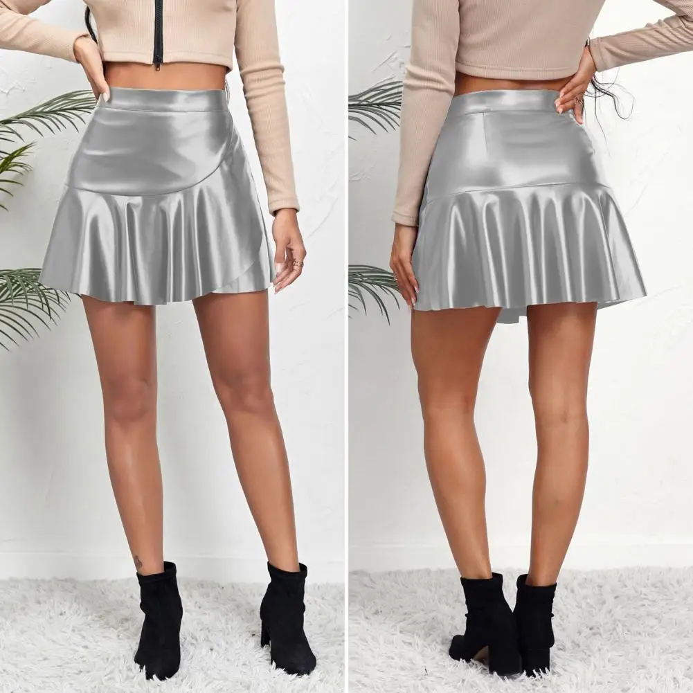 Women Sexy Skirt High Waist Zipper Half Placket Mini Culottes Ruffle Hem Solid Color Artificial Leather Skirt Party Night Wear