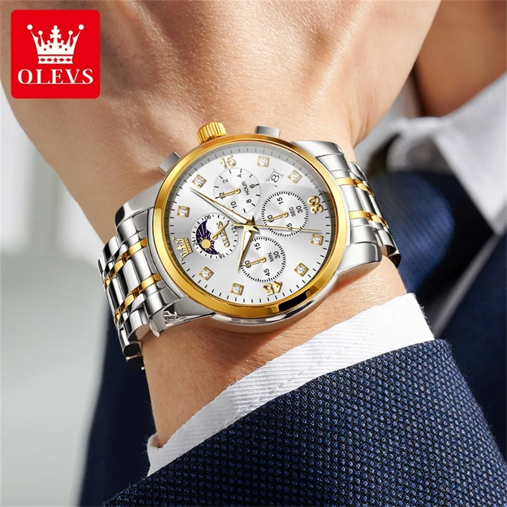 OLEVS 3652 Mens Watch Multifunctional Chronograph stainless steel Quartz Watch Waterproof Luminous  Automatic date Watch For Ma
