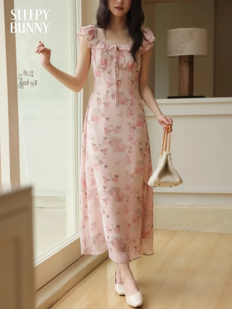 Vintage Floral Chiffon Maxi Dress Women Sweet Ruffle Sleeve Square Neck Summer Long Dress Elegant High Waist Slim Fit Sundress