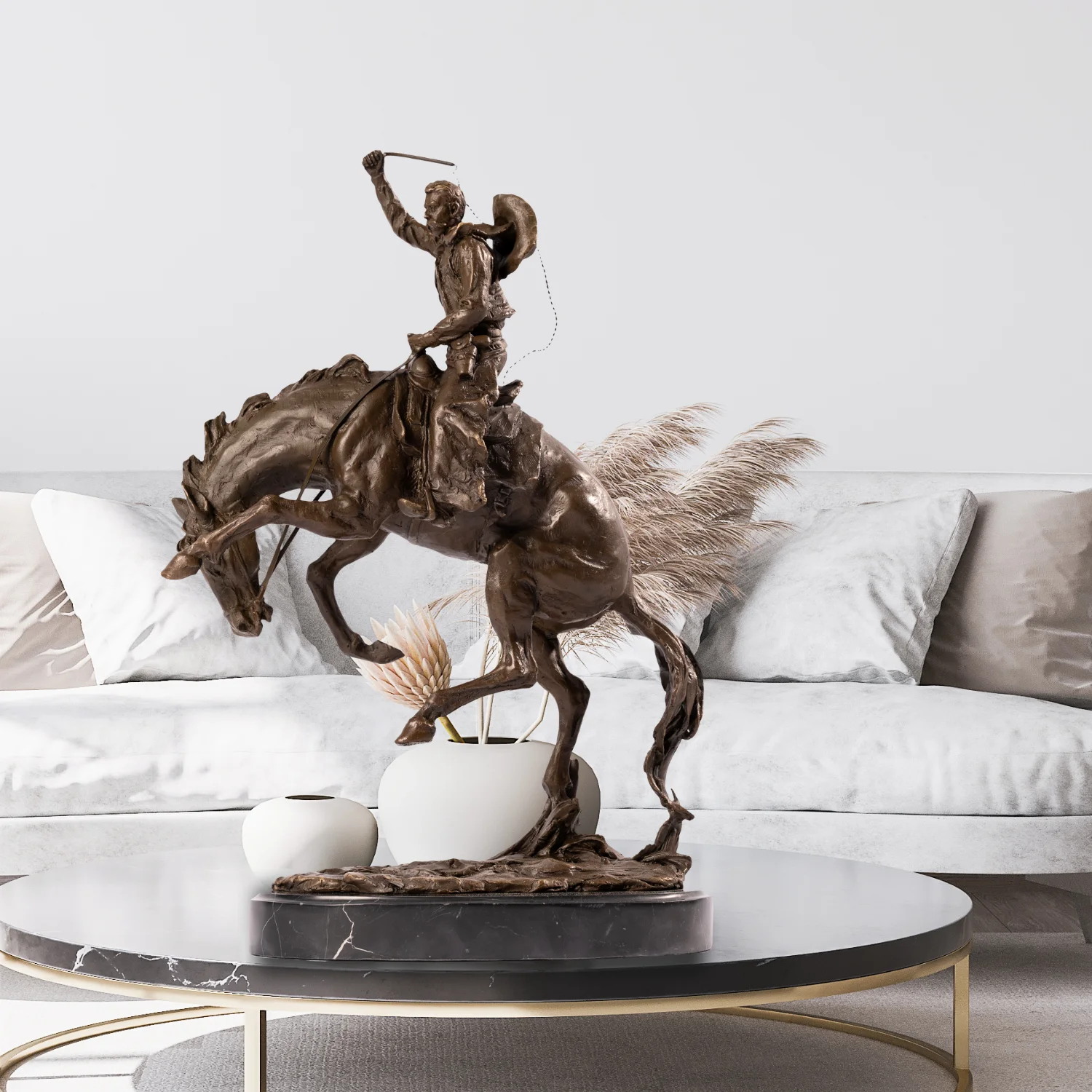 

40cm Western Art Bronze Cowboy on Horse Statue Frederic Remington Ridding Horse Sculpure Marble Base Casting Home Art Decor Gift