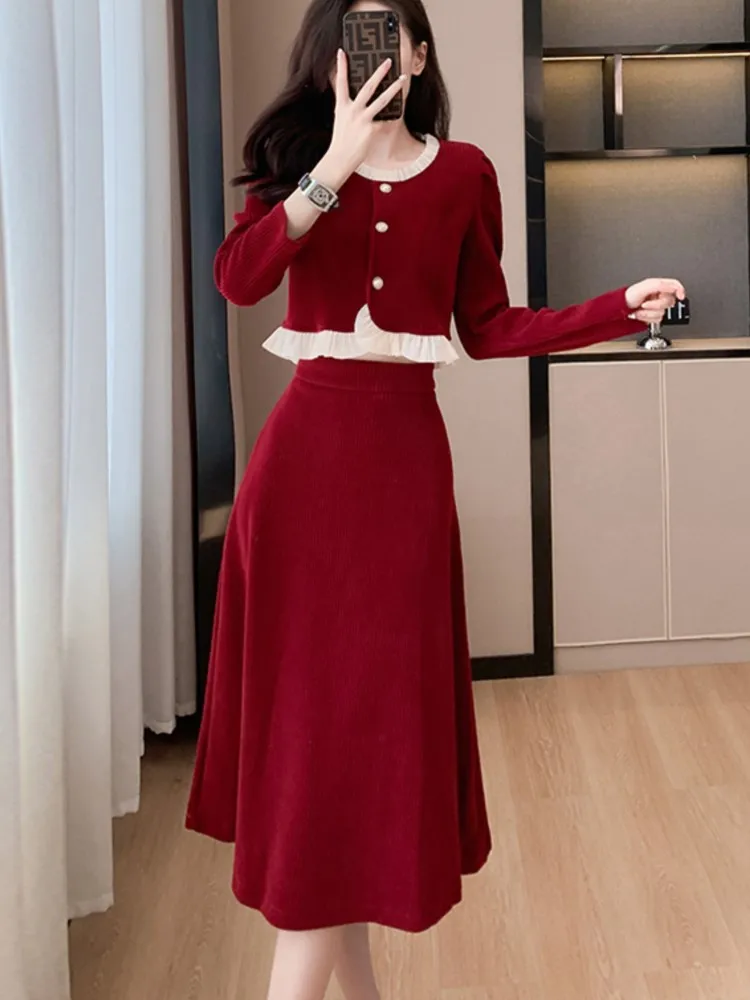 

2024 Autumn Winter Corduroy Two-piece Skirt Set Women Long Sleeve Ruffles O-neck Top Solid Midi Skirt Korean Fashion Outfits New