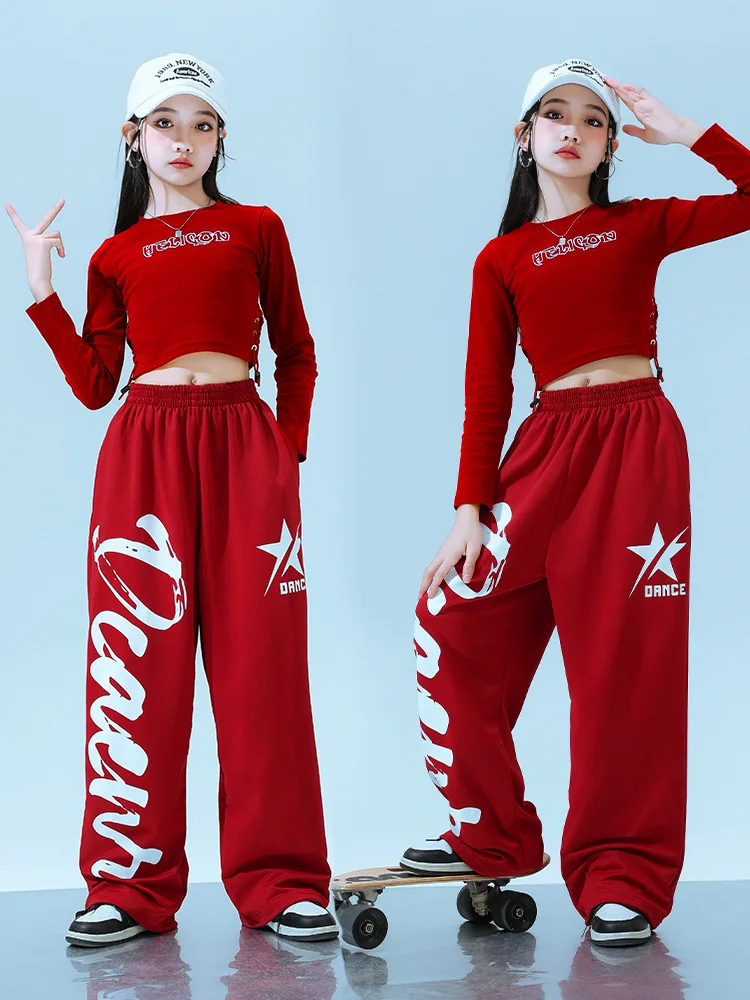 

Kid Kpop Hip Hop Clothing Red Black Side Drawstring Crop Top T Shirt Casual Sweat Pants for Girl Jazz Dance Wear Costume Clothes